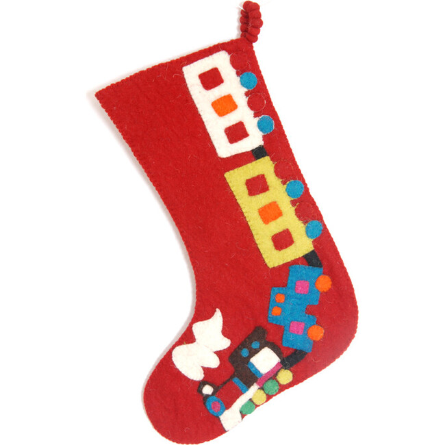 Hand Felted Wool Kids Christmas Stocking, Train on Red