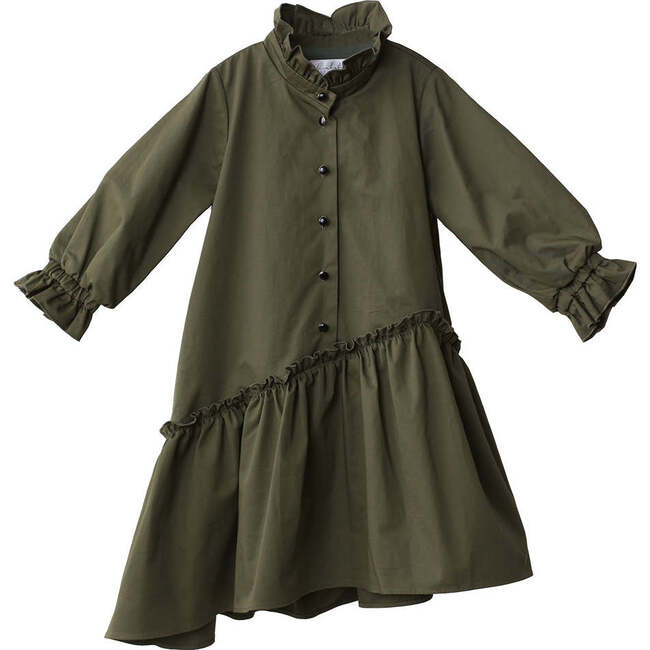 Kate Ruffled High Collar & Hem Midi Dress, Army Green