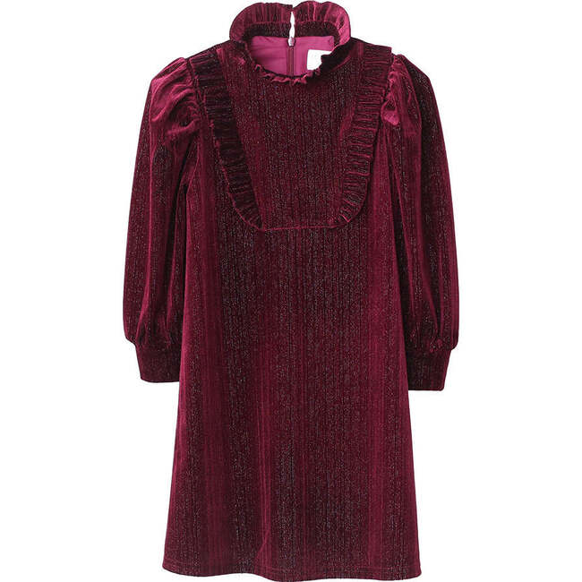Lena Garnet Velvet Ruffle Collar Long Cuffed Sleeve Midi Dress, Red