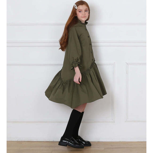 Kate Ruffled High Collar & Hem Midi Dress, Army Green - Dresses - 4