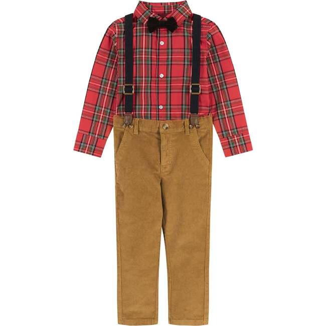 Plaid Flannel Button-Down With Suspender Pant Set, Red & Camel - Mixed Apparel Set - 1