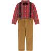 Plaid Flannel Button-Down With Suspender Pant Set, Red & Camel - Mixed Apparel Set - 1 - thumbnail