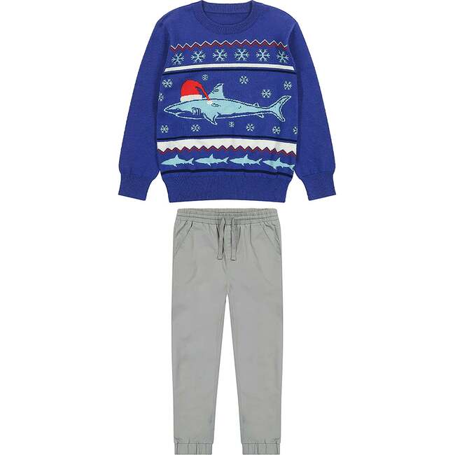 Shark Jacquard Holiday Sweater Set, Blue