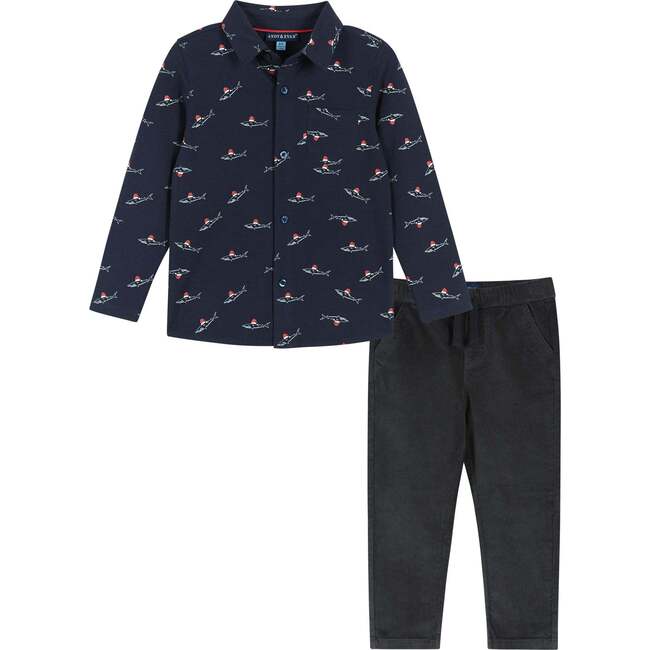 Soft Knit Holiday Sharks Button-Down Shirt, Navy & Black