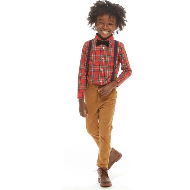 Plaid Flannel Button-Down With Suspender Pant Set, Red & Camel - Mixed Apparel Set - 2