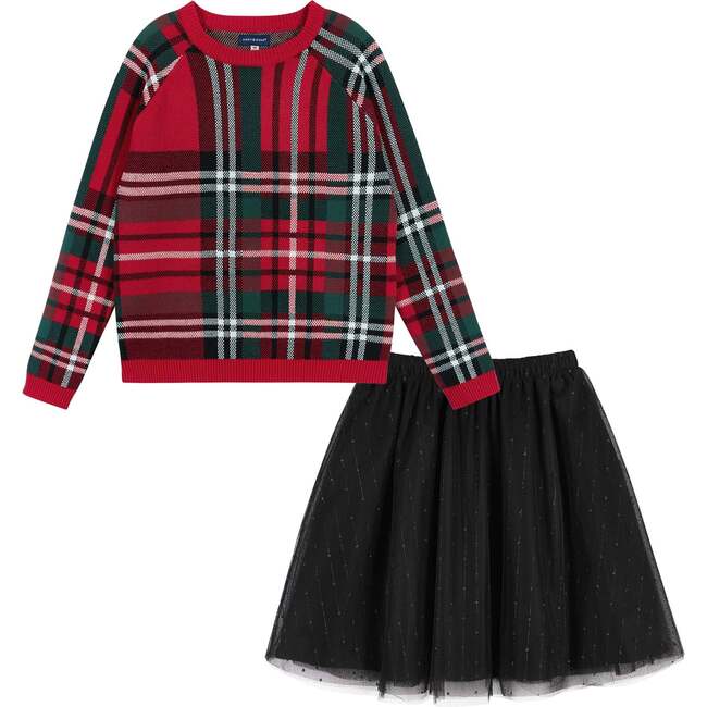Plaid Sweater With Skirt Set, Red & Black
