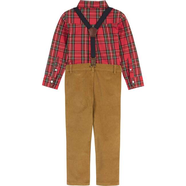 Plaid Flannel Button-Down With Suspender Pant Set, Red & Camel - Mixed Apparel Set - 3