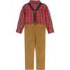 Plaid Flannel Button-Down With Suspender Pant Set, Red & Camel - Mixed Apparel Set - 3