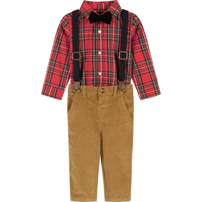 Infant Plaid Flannel Button-Down With Suspender Pant Set, Red & Camel