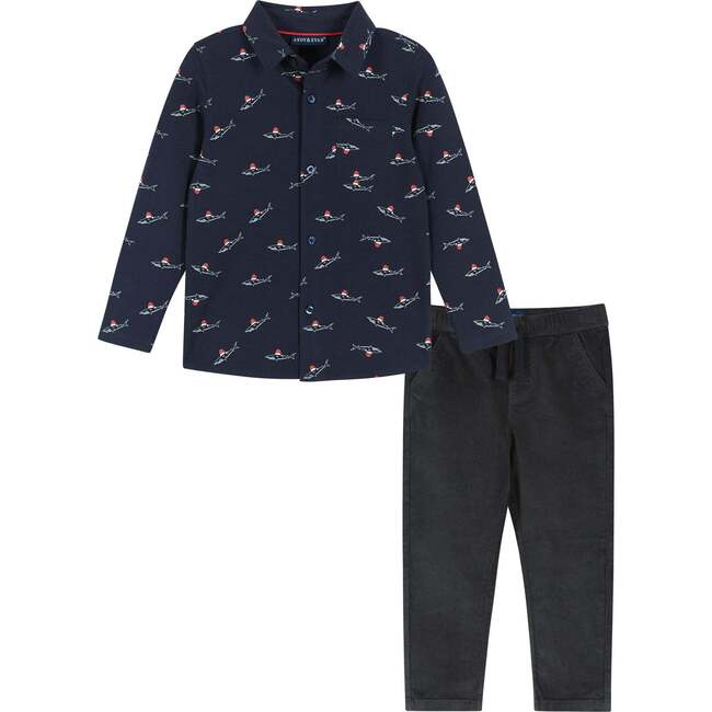 Infant Soft Knit Holiday Sharks Button-Down Set, Navy & Black