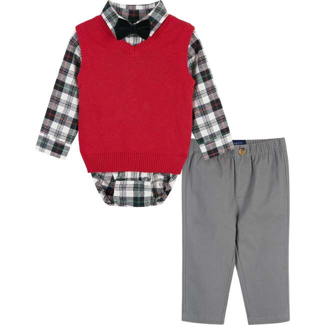Infant Plaid Button-Down With Vest Set, Red & Grey