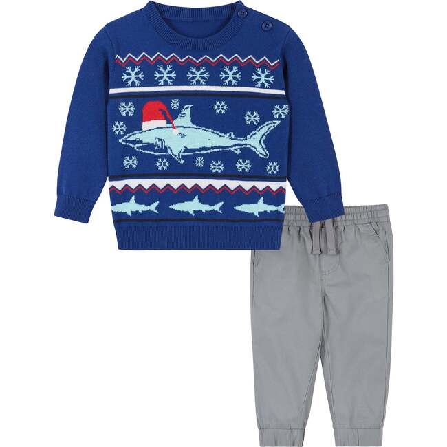 Infant Shark Jacquard Holiday Sweater Set, Blue