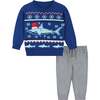 Infant Shark Jacquard Holiday Sweater Set, Blue - Mixed Apparel Set - 1 - thumbnail