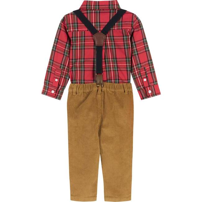Infant Plaid Flannel Button-Down With Suspender Pant Set, Red & Camel - Mixed Apparel Set - 2