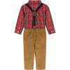 Infant Plaid Flannel Button-Down With Suspender Pant Set, Red & Camel - Mixed Apparel Set - 2
