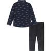 Soft Knit Holiday Sharks Button-Down Shirt, Navy & Black - Mixed Apparel Set - 4