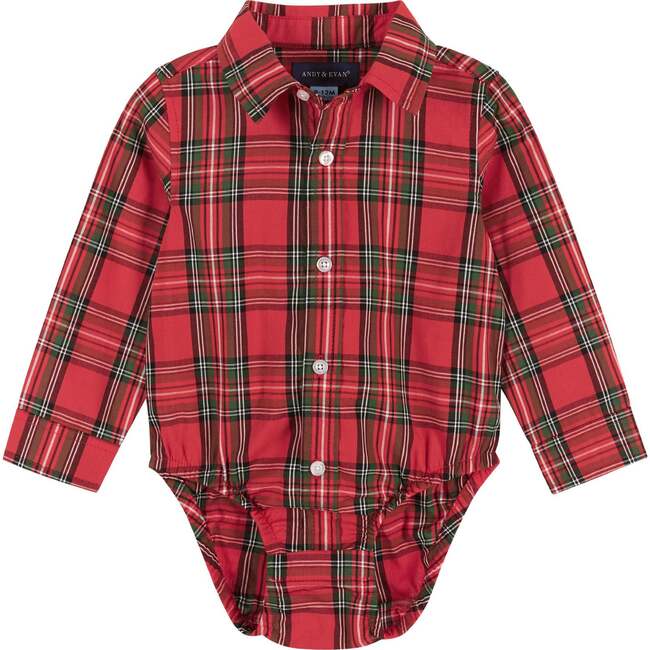 Infant Plaid Flannel Button-Down With Suspender Pant Set, Red & Camel - Mixed Apparel Set - 3