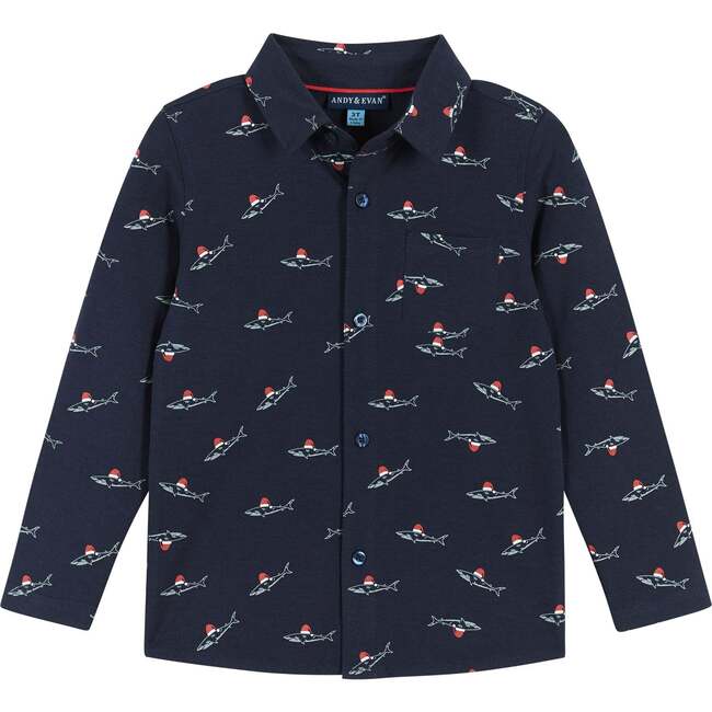 Soft Knit Holiday Sharks Button-Down Shirt, Navy & Black - Mixed Apparel Set - 5