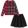 Plaid Sweater With Skirt Set, Red & Black - Mixed Apparel Set - 3