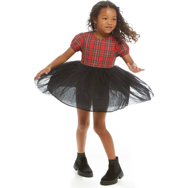 Match Back Plaid Short Sleeve Tulle Dress, Red Black Andy