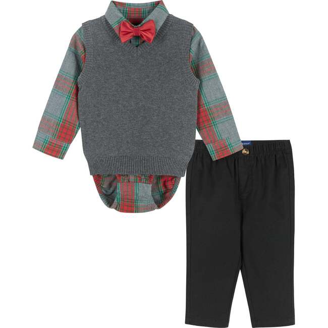 Infant Holiday Check Button-Down With Vest Set, Grey & Black