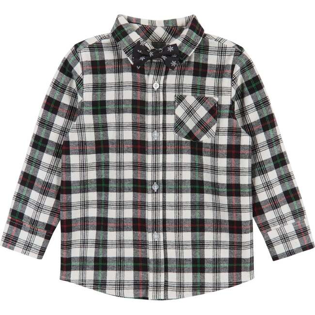 Holiday Plaid Button-Down Shirt With Bowtie, White & Black
