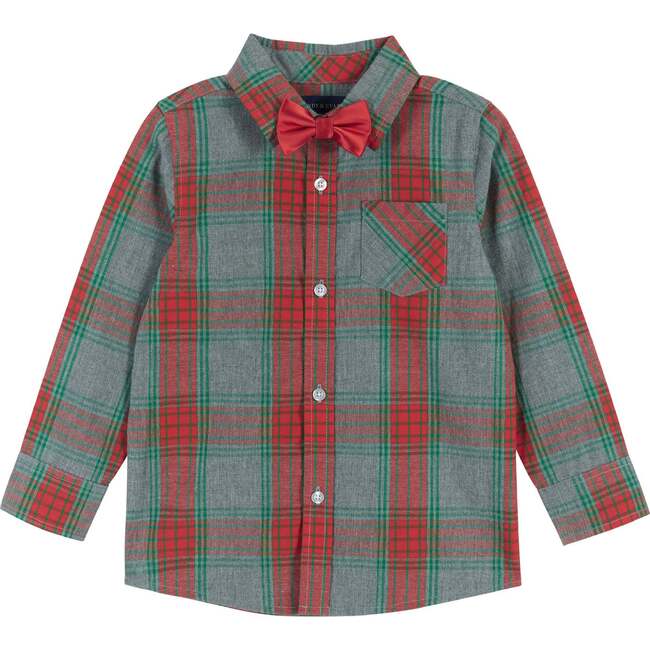 Holiday Plaid Button-Down Shirt With Bowtie, Grey & Red