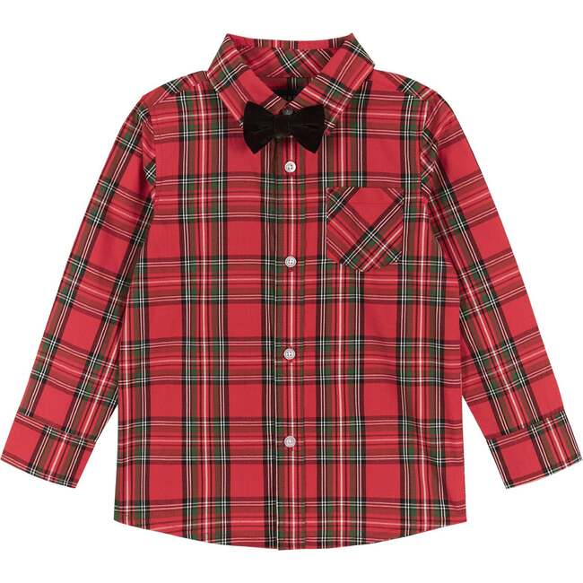 Holiday Plaid Button-Down Shirt With Bowtie, Red & Black