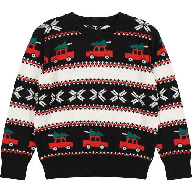 Holiday Car Fair Isle Ribbed Cuff Sweater, Black