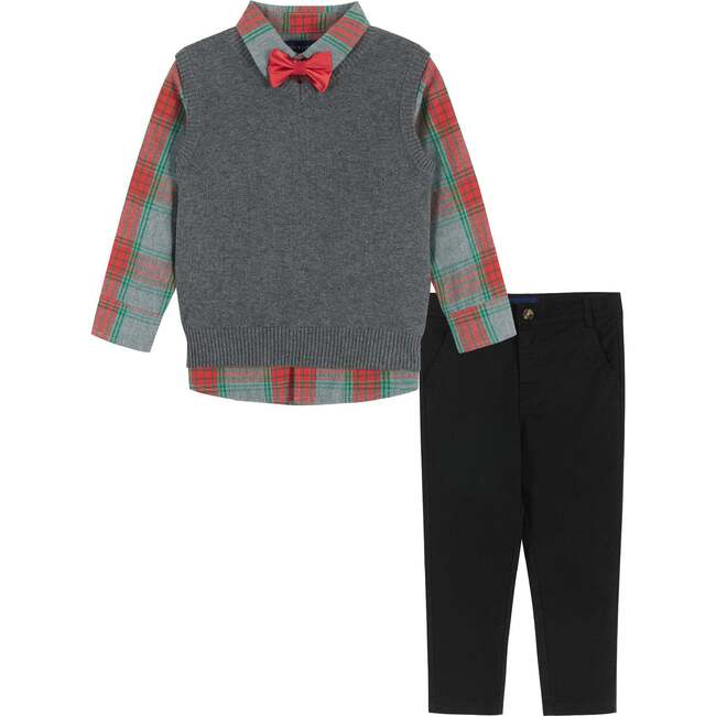 Holiday Check Button-Down With Vest Set, Grey & Black