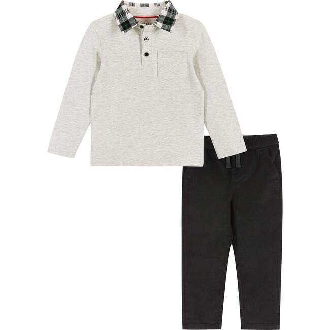 Heather Holiday Contrast Collar Polo Shirt & Pant Set, Cream & Black