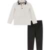 Heather Holiday Contrast Collar Polo Shirt & Pant Set, Cream & Black - Mixed Apparel Set - 1 - thumbnail