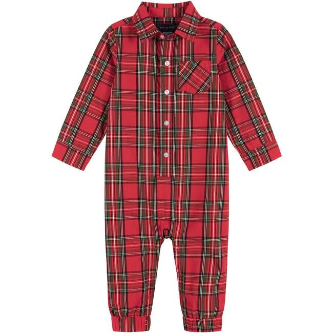 Holiday Plaid Flannel Collared Buttoned Romper, Red