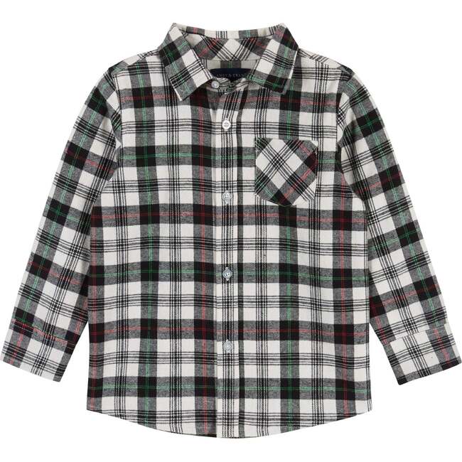 Holiday Plaid Button-Down Shirt With Bowtie, White & Black - Button Downs - 3