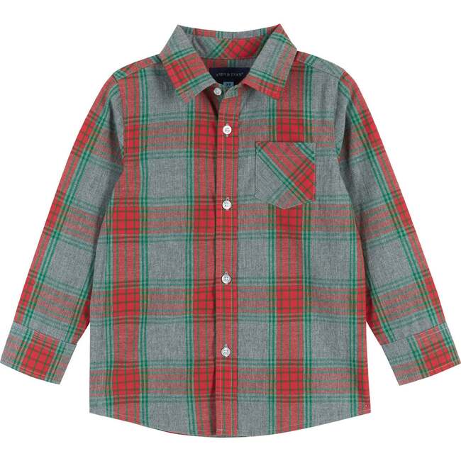 Holiday Plaid Button-Down Shirt With Bowtie, Grey & Red - Button Downs - 3
