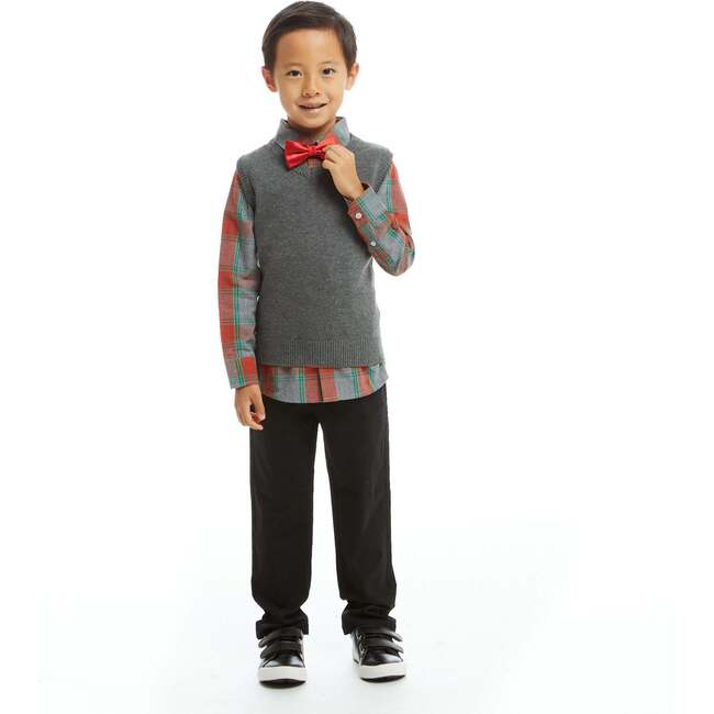 Holiday Check Button-Down With Vest Set, Grey & Black - Mixed Apparel Set - 2