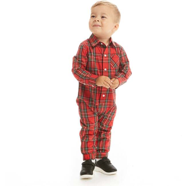 Holiday Plaid Flannel Collared Buttoned Romper, Red - Rompers - 2