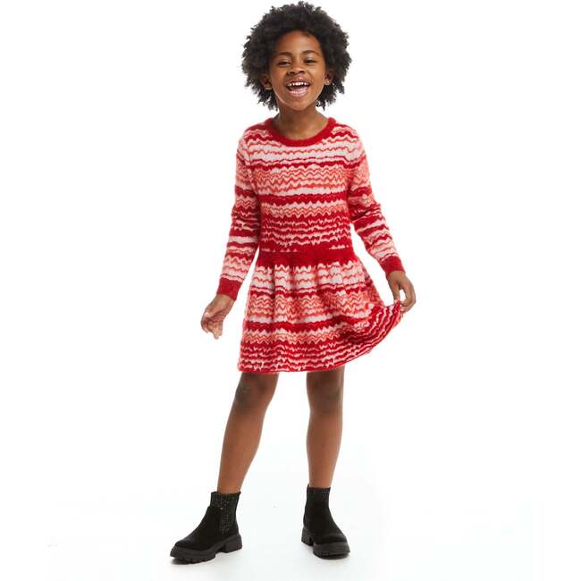 Candy Cane Knit Ribbed Waist Sweater Dress, Red - Dresses - 4
