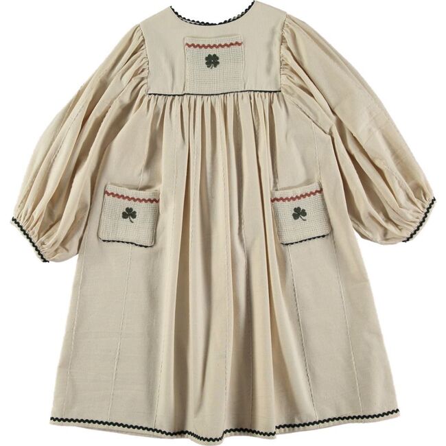 Cotton Shamrock Embroidery Zig-Zag Trim Puff Sleeve Dress, Ecru