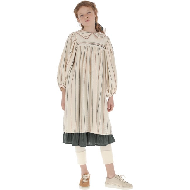 Zig-Zag Trim Round Neck Pleated Dress, Beige - Dresses - 3