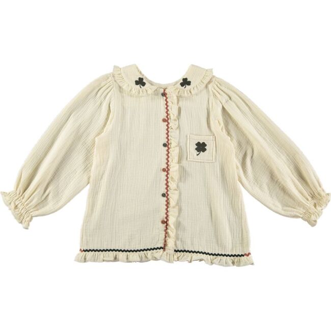 Muslin Shamrock Zig-Zag Trim Embroidered Blouse, Beige - Blouses - 1