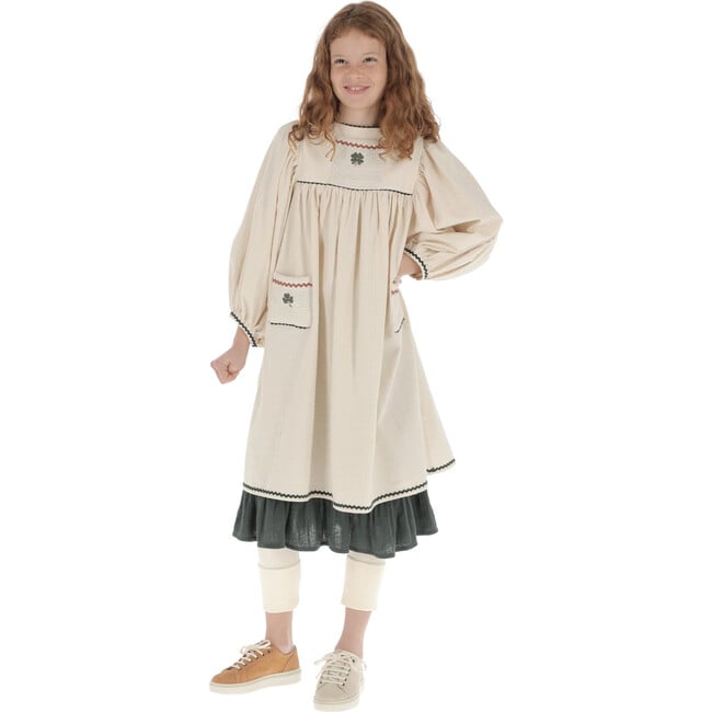 Cotton Shamrock Embroidery Zig-Zag Trim Puff Sleeve Dress, Ecru - Dresses - 5