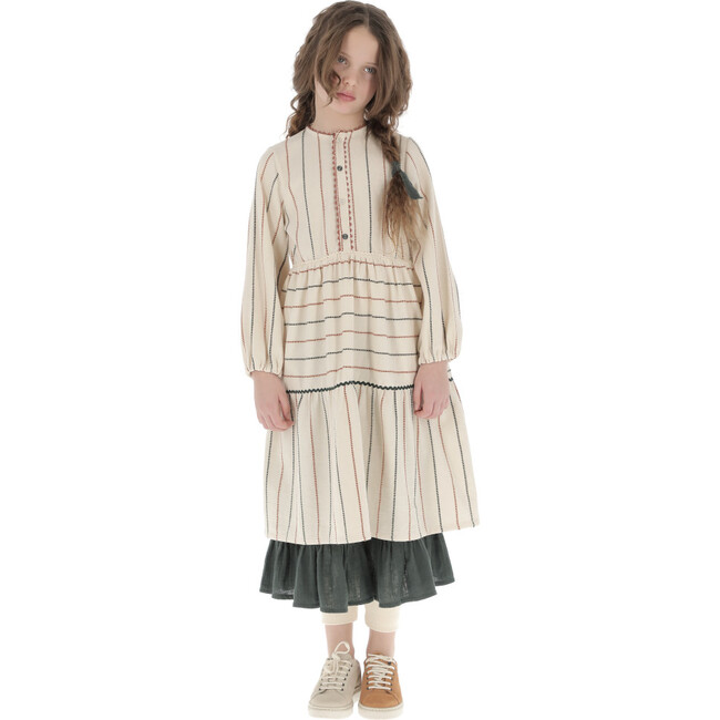 Cotton Stitched Zig-Zag Trim Dress, Beige - Dresses - 5