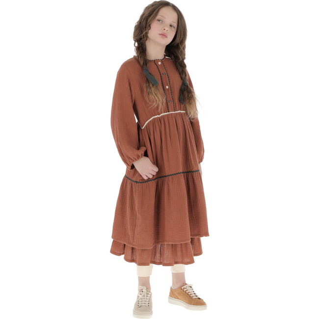 Terracotta Mousseline Zig-Zag Trim Dress, Brown - Dresses - 7