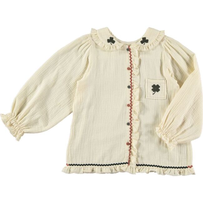 Muslin Shamrock Zig-Zag Trim Embroidered Blouse, Beige - Blouses - 3