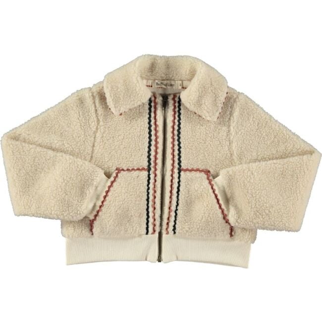 Lamb Zig-Zag Trim Short Bomber Jacket, Ecru - Jackets - 4