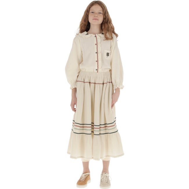 Muslin Zig-Zag Trim Trim Long Skirt, Beige - Skirts - 4