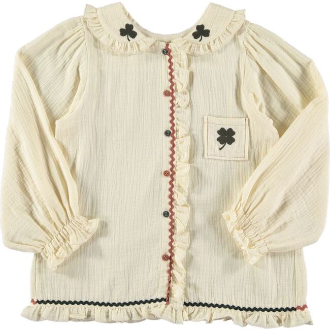 Muslin Shamrock Zig-Zag Trim Embroidered Blouse, Beige - Blouses - 4