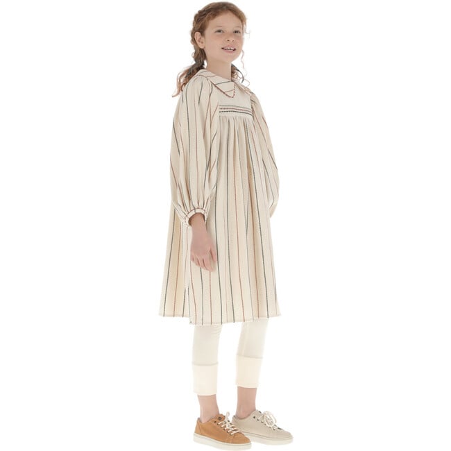 Zig-Zag Trim Round Neck Pleated Dress, Beige - Dresses - 9