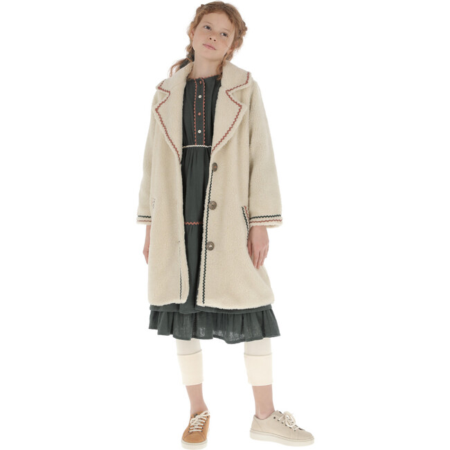 Lamb Zig-Zag Trim Wide Lapel Coat, Ecru - Coats - 6